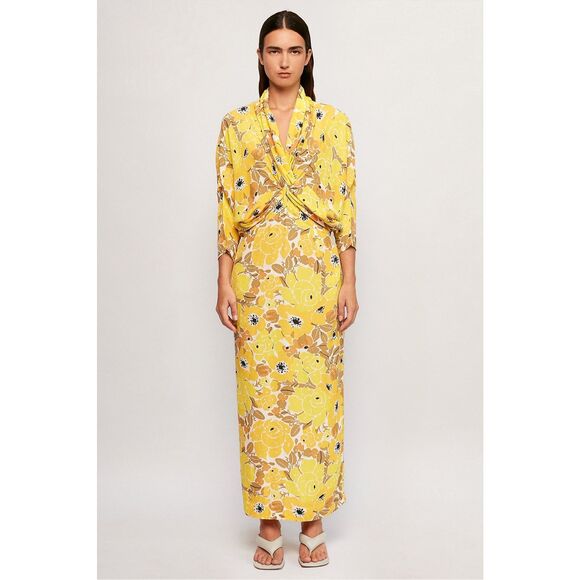 S/W/F Twist Front Plunge Midi Dress Summer Poolside Dress In Yellow Floral Weddi - Picture 1 of 6